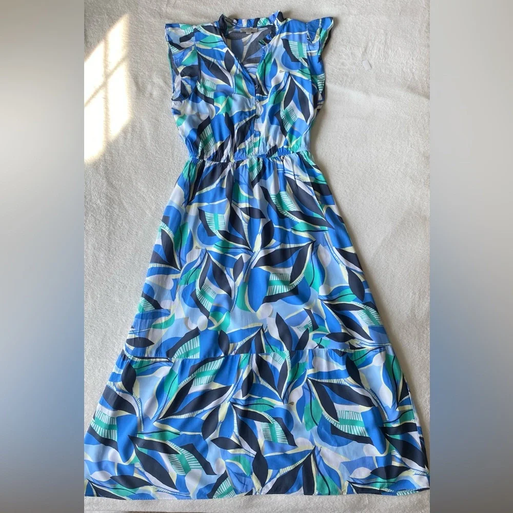 LOFT Blue Green Abstract Print Ruffle Sleeve Maxi Dress Large Petite - Picture 7 of 15